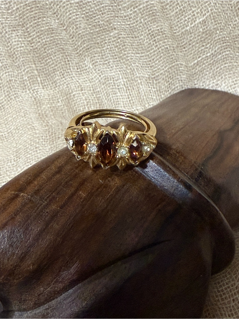 Vintage Royal Occasion Smokey Topaz Rhinestone Ring By Avon Adjustable Sz 5 to 7